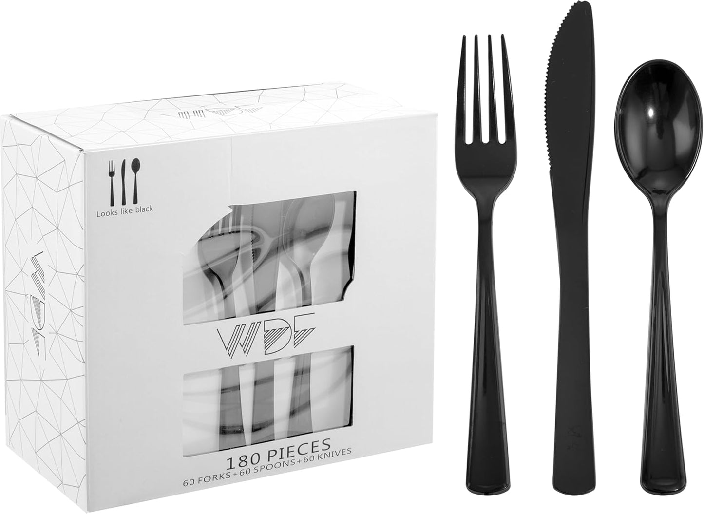 WDF 180 Pieces Black Plastic Silverware - Plastic Silverware Set Include 60 Forks, 60 Knives, 60 Spoons - Heavy Duty Black Disposable Cutlery - Disposable Utensils for Halloween Party, Wedding
