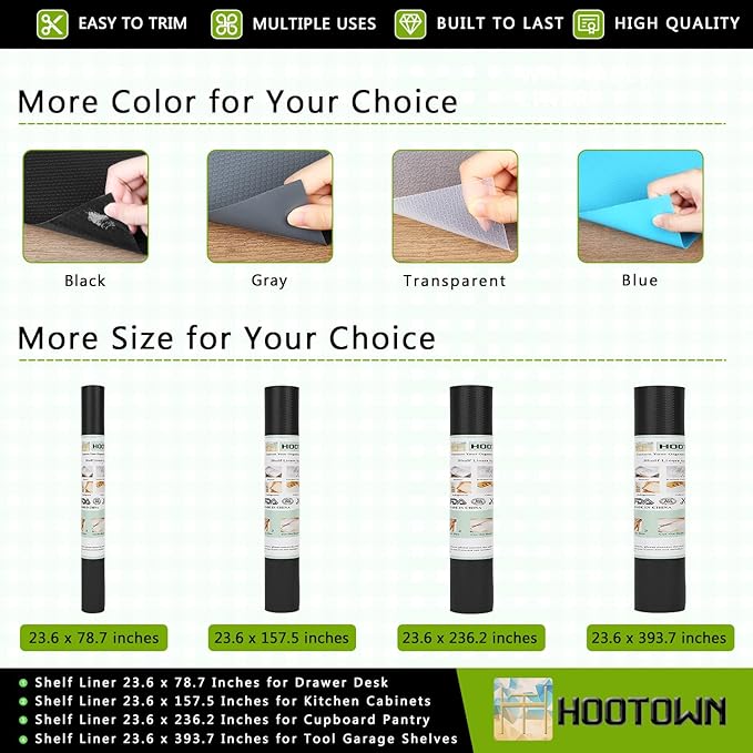 HooTown Shelf Liner Kitchen Cabinet Drawer Mats 23.6 Inch Wide x 32.8 Feet Long, Non Slip EVA Plastic Water Resistant Pad for Bathroom Drawers, Shoe Shelves, Under Sink, Black