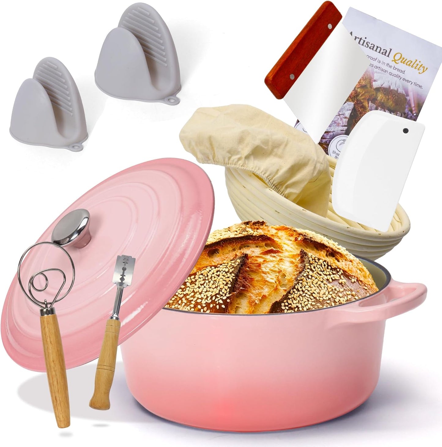 5QT Enameled Cast Iron Bread Oven with Proofing Basket for Bread Baking, Bread Making Supplies Tools,Heavy-Duty Cookware for Braising, Stews, Roasting, Bread Baking (Pink)