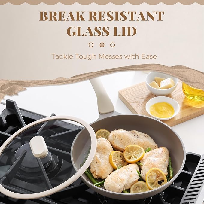 PRICUSIS Nonstick Frying Pan with Lid, Healthy Skillet, Egg Pan Nonstick Omelet Pan Chef's Pan, PFOA & PTFE Free, Induction Compatible (8Inch W/L Natural Linen)