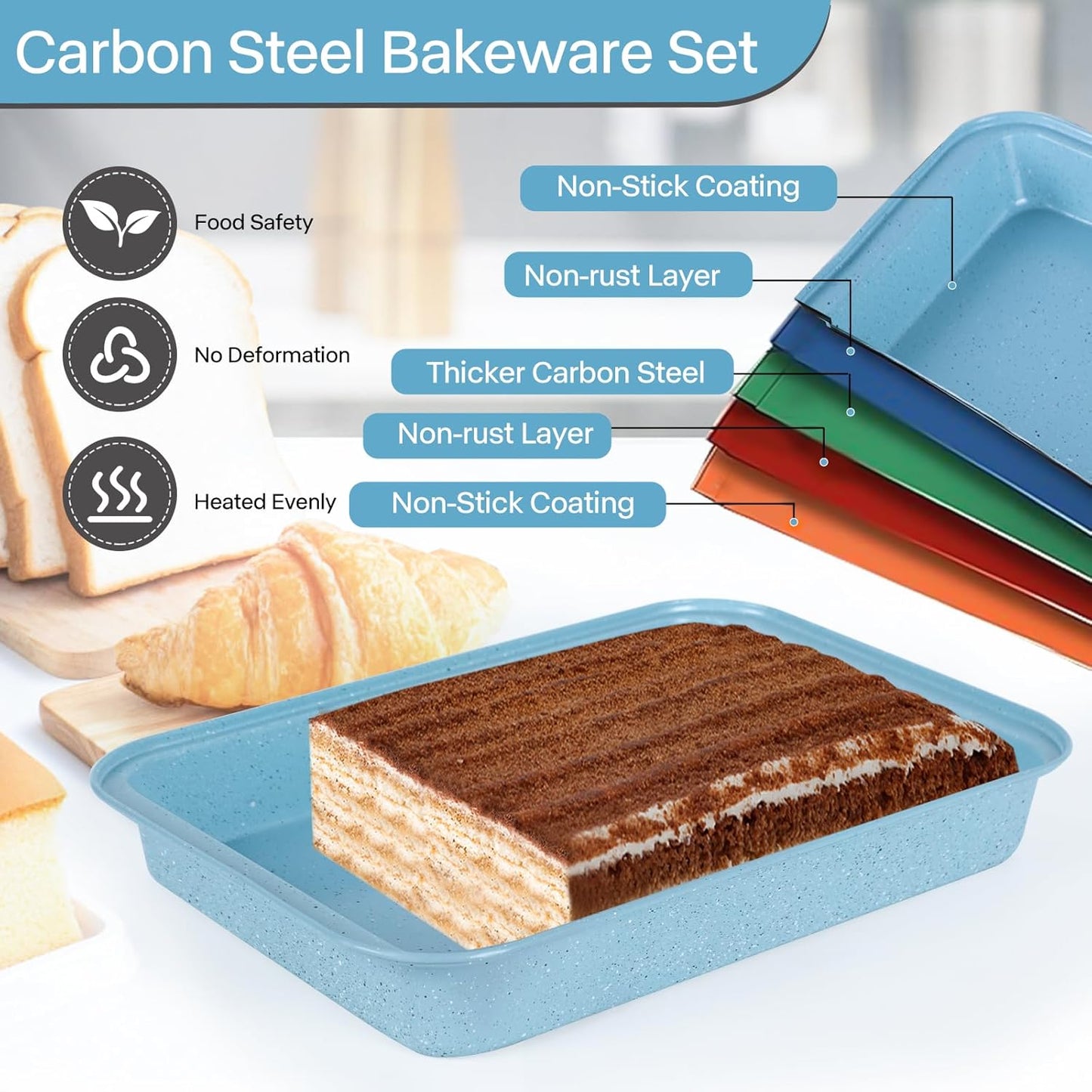 9x13 Baking Pan Set of 2, Nonstick 13 x 9 Cake Pan for Oven, Deep Rectangle Pan for Brownies, Lasagna, Roasting, Blue Carbon Steel Bakeware Gift
