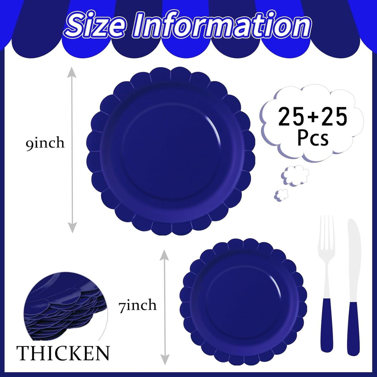 50 Pcs Blue Scalloped Paper Plates 25 × 7'' and 25 × 9'' Disposable Blue Scalloped Dinner Plates for Wedding Baby Shower Birthday Party Disposable Dessert Plate