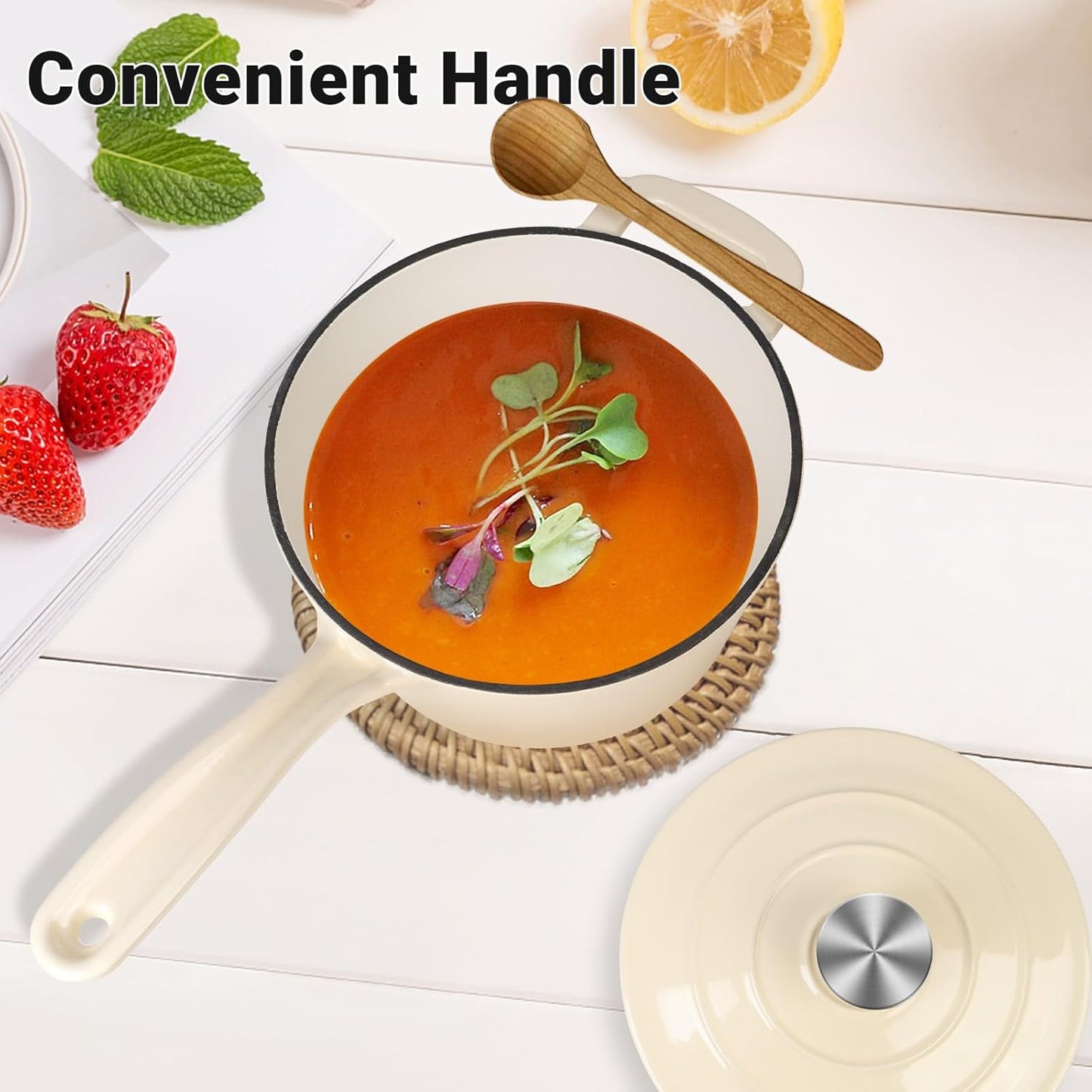 Enameled Cast Iron Sauce Pan, 2 Quarts Round Sauce Pot with Lid, Mini Dutch Oven Enamel Saucepan for Cooking Pasta Sauce, Marinate, Cook, Refrigerate and Serve, Cream White