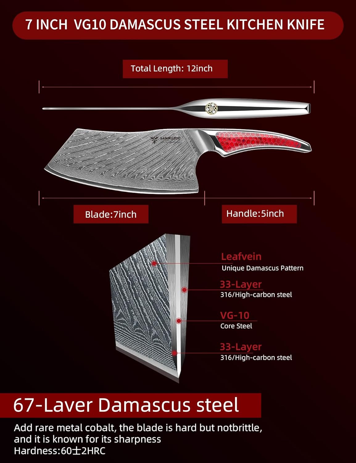 7 inch Nakiri Knife, Japanese VG-10 Damascus Steel Meat Cleaver, Ultra Sharp Vegetable Knife with Full-tang Handle in Red Resin, LA-S9 Series