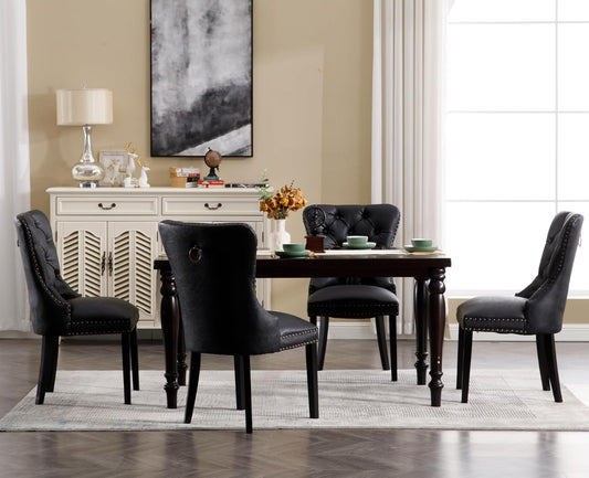 Black Leather Dining Chairs Set of 4 Mid Century Modern Tufted Chairs Armless Rubber Wood Vintage Furniture Chairs PU Upholstered Nailhead Side Chairs with Pull Ring for Kitchen/Cafe