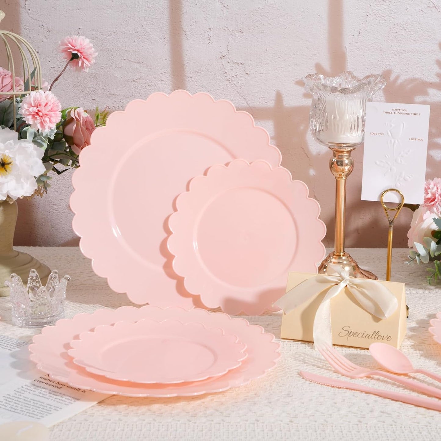 WONDERFUL 150 Pcs Pink Plastic Plates Disposable Plastic Dinnerware Set Pink Silverware Set Disposable Plates for Party Wedding & Bridal Shower Pink Party Decorations Suitable for 30 Guests