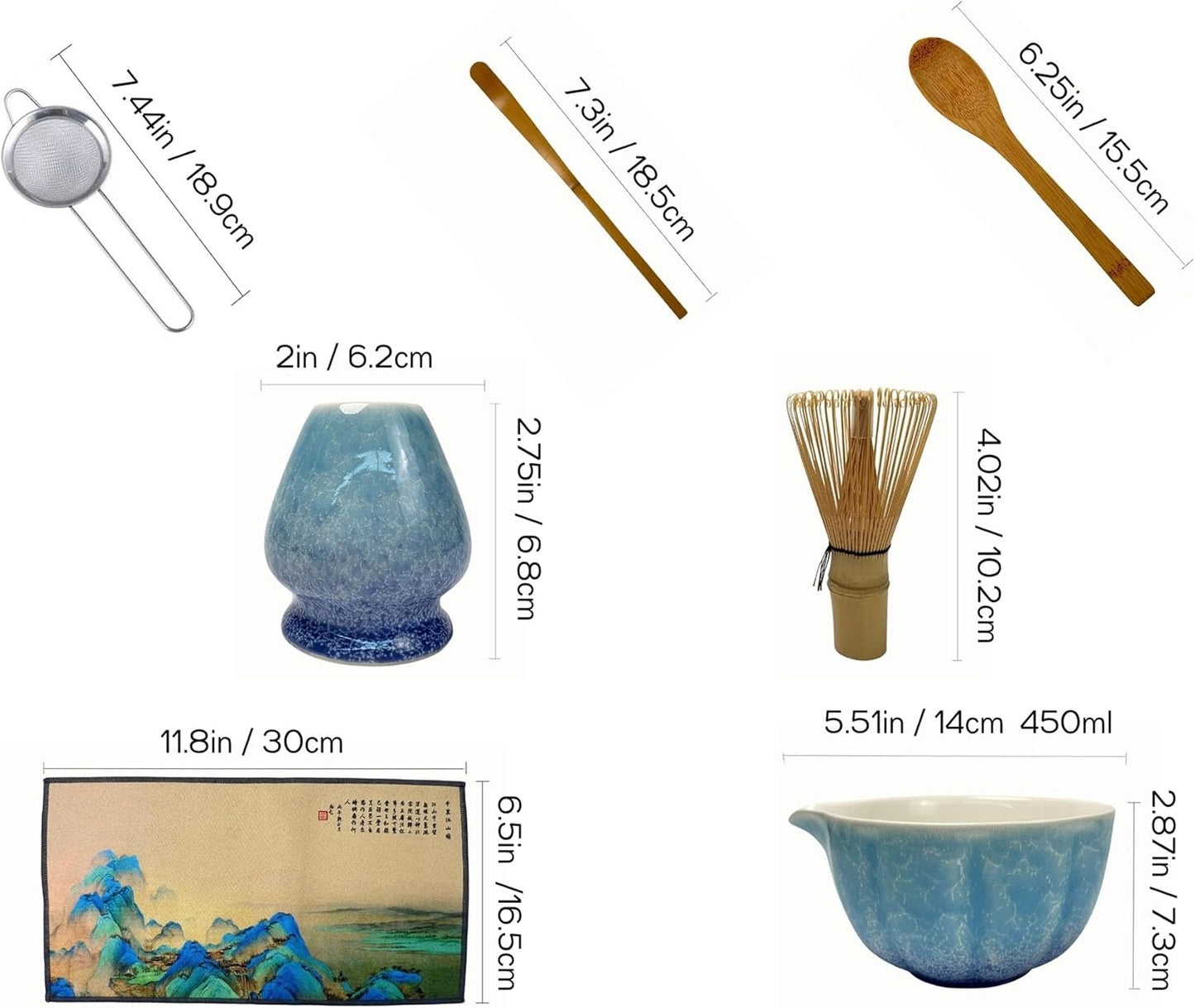 Matcha Whisk set, 8pcs Matcha Making Kit Includes Ceramic Bowl, Bamboo Whisk (Chasen), Whisk Holder, Sifter, Bamboo Scoop, Scoop Rest, Tea Towel, Macha kit for Matcha Tea Ceremony, Blue