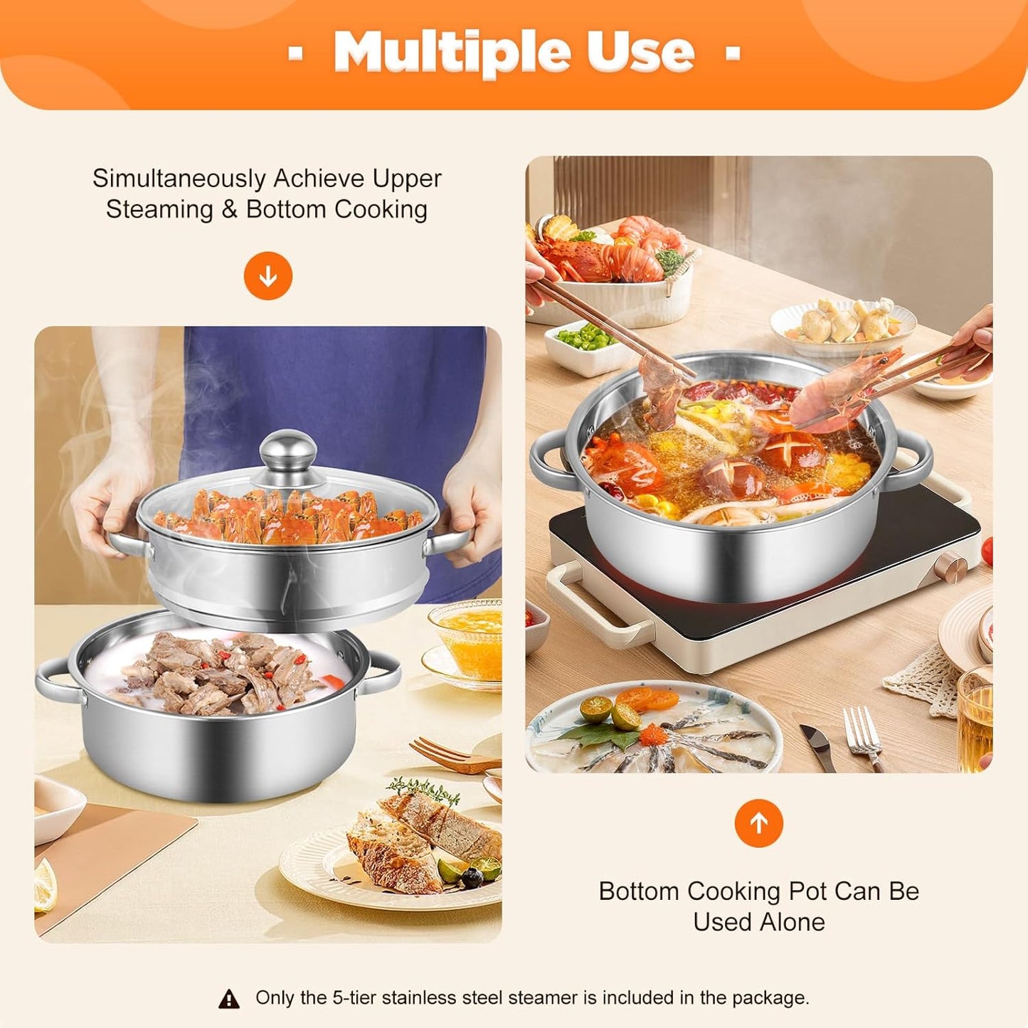 Stainless Steel Steamer Pot 5 Tier 26cm, Food Steamer Steam Pots With Lid, Steam Pots For Cooking Vegetables Dumpling Seafood Soups Stews Pasta