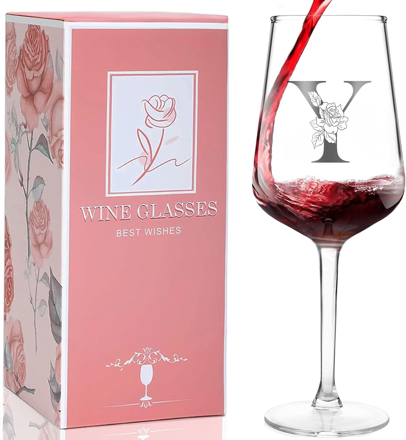 Personalized Wine Glass Gifts for Women, Monogrammed A-Z Wine Glass with Gift Box & Greeting Card, Customized Wine Glasses Initial Wine Glasses Gift for Birthday, Mothers Day, Best Friend, Sister (Y)