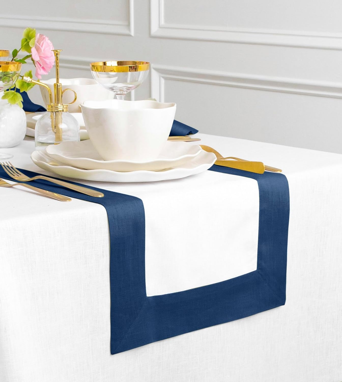 Solino Home Linen Table Runner 120 Inches Long - Indigo Blue and White 100% Pure Linen 14 x 120 Inch Table Runner for Dining, Fall, Autumn, Thanksgiving - Contempo