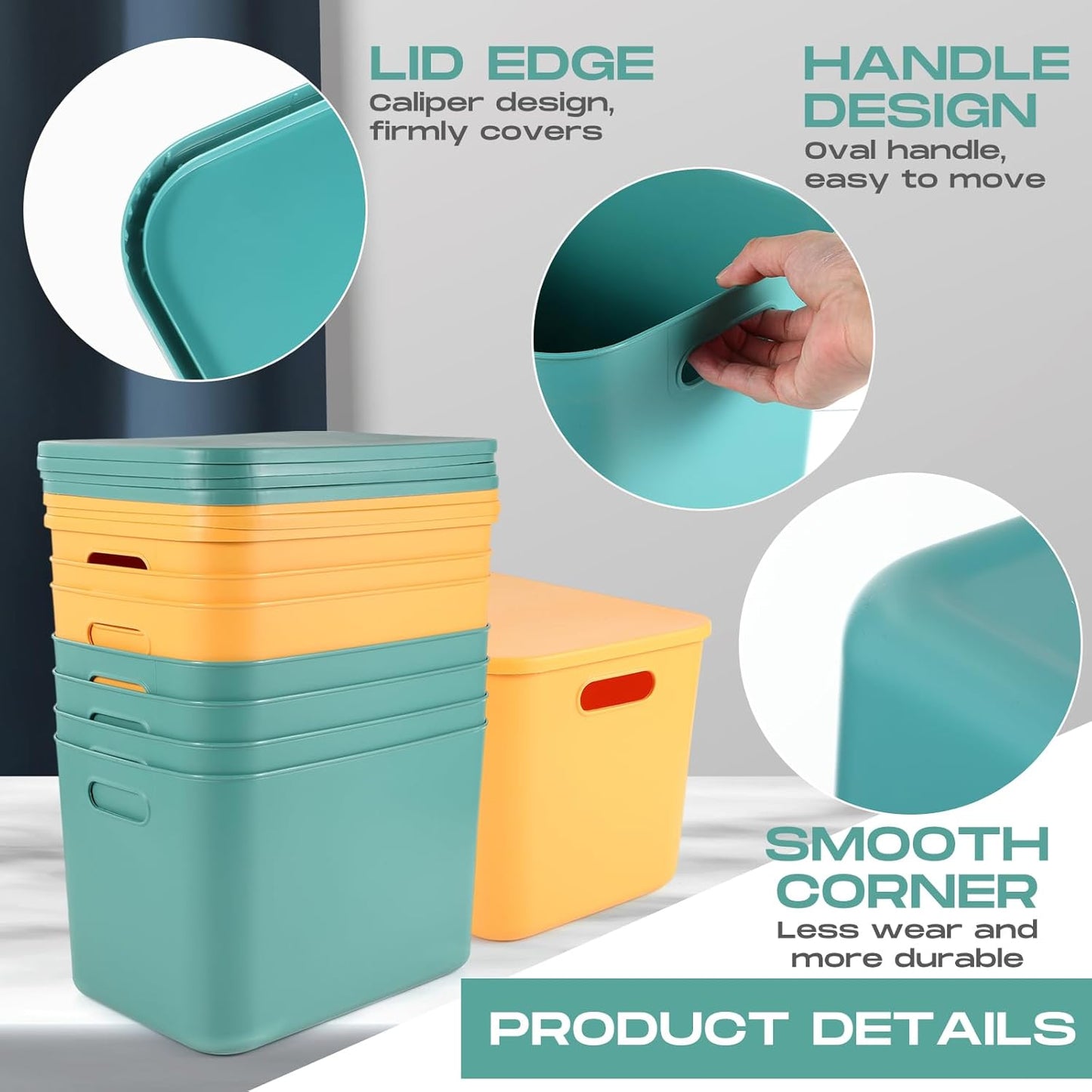 Hoolerry 8 Pieces Colorful Storage Bins with Lid, Plastic Storage Basket Organizing Container Stackable Box with Handle for Shelves Desktop Playroom Office(14.2 x 10.2 x 9.5 Inch,Green and Yellow)