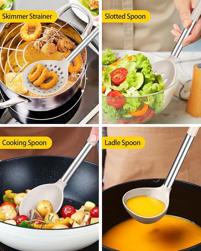 Silicone Cooking Utensil Set, 8Pcs Non-stick Cookwares with Stainless Steel Handle, BPA Free Heat Resistant Kitchen Tools with Spatulas, Turners, Spoons, Skimmer and Pasta Fork (KHAKI)