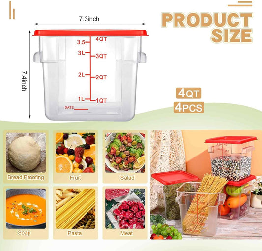 Maxcheck 4 Pcs 4Qt Food Storage Container with Lids Set Square Clear Commercial Containers with Scale and Handle Space Saving for Home Kitchen Restaurant Proof Dough Marinating Meat (Red)