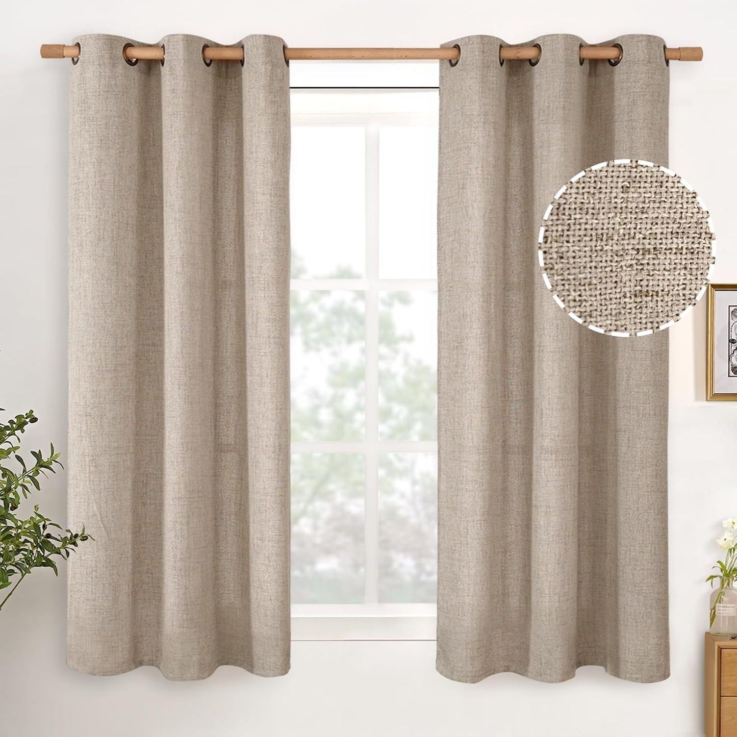 YoungsTex 48 Inch Length Linen Curtains for Short Window, Oatmeal Light Filtering Drapes Semi Sheer with Bronze Grommet Privacy for Kitchen Living Room Window, 42 x 48 Inch, 2 Panels