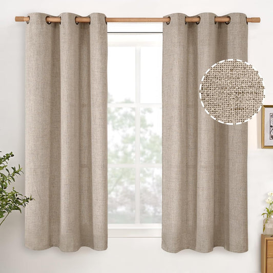 YoungsTex 48 Inch Length Linen Curtains for Short Window, Oatmeal Light Filtering Drapes Semi Sheer with Bronze Grommet Privacy for Kitchen Living Room Window, 42 x 48 Inch, 2 Panels