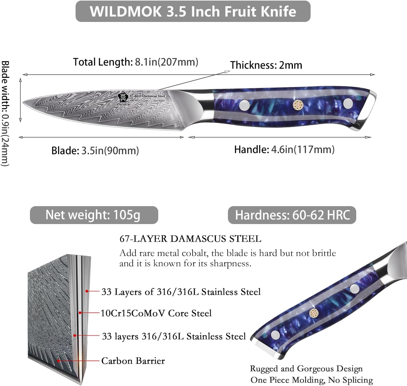 WILDMOK Paring Knife 3.5 Inch, Japanese Damascus Fruit Knife, Small peeling knife Perfect for Cutting Fruit Vegetables Petty Knife