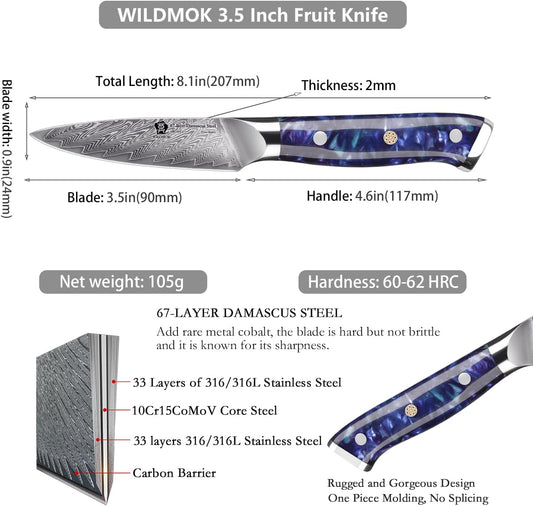 WILDMOK Paring Knife 3.5 Inch, Japanese Damascus Fruit Knife, Small peeling knife Perfect for Cutting Fruit Vegetables Petty Knife