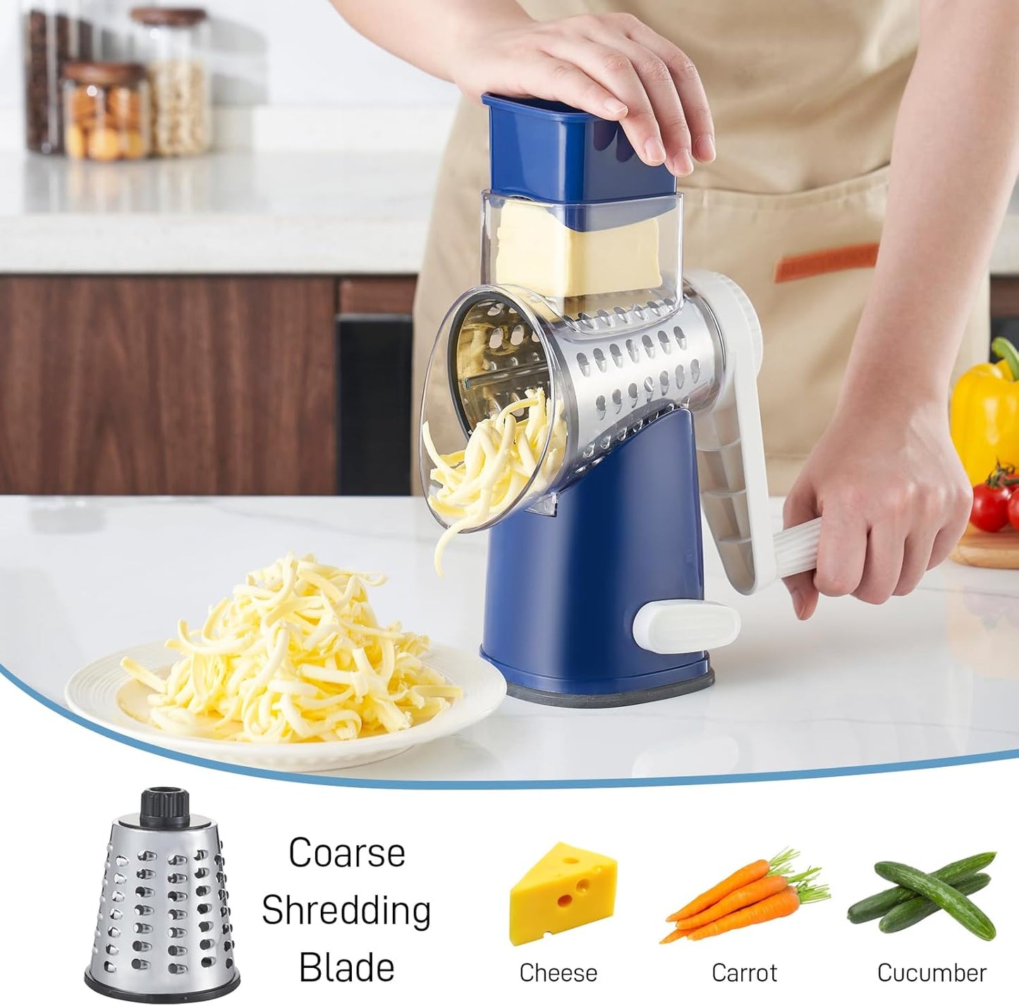 VEKAYA Cheese Grater, Cheese Grater Hand Crank, 4 Interchangeable Blades Cheese Shredder, Vegetable Slicer, Non-slip Suction Base, Easy to Clean Rotary Grater with Handle (Blue)
