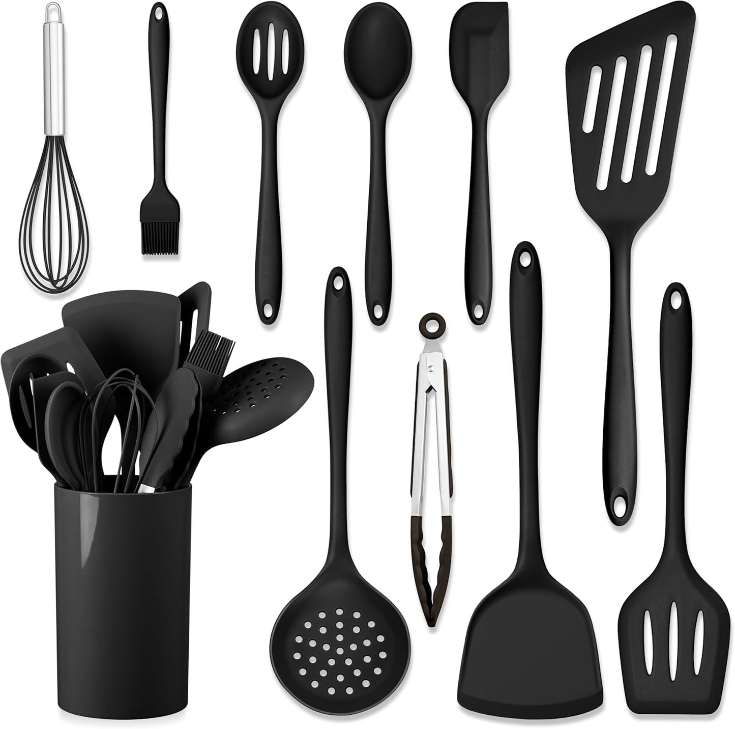 HaWare 11 PCS Silicone Cooking Utensils Set, Heat Resistant Kitchen Utensils with Holder, Food-grade Spatula Sets for Nonstick Cookware, Kitchen Tools Gadgets Include Fish Turner, Spoon (Black)