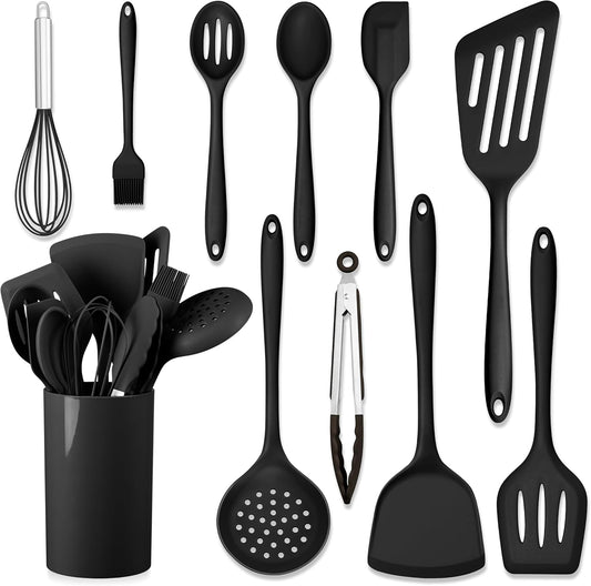 HaWare 11 PCS Silicone Cooking Utensils Set, Heat Resistant Kitchen Utensils with Holder, Food-grade Spatula Sets for Nonstick Cookware, Kitchen Tools Gadgets Include Fish Turner, Spoon (Black)