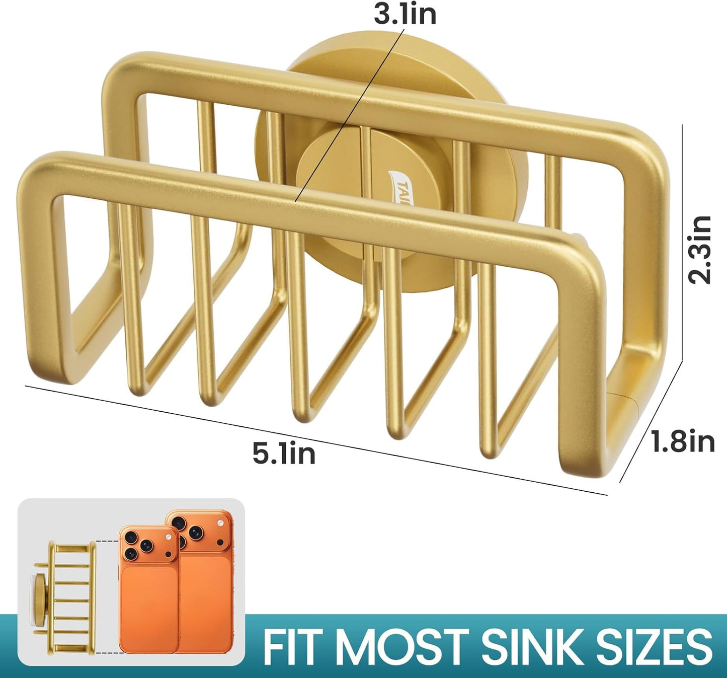 TAILI Sponge Holder for Kitchen Sink with Strong Suction Cup, Rustproof Aluminum Sink Caddy for Sponges, Removable Sponge Holder, Dish Brush for Scraper - Gold
