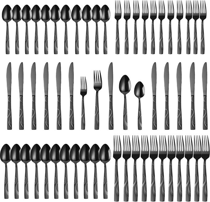 60 Pieces Black Silverware Set, Heavy Duty 430 Stainless Steel Flatware Utensils, Cutlery Set Service for 12 Including Fork Spoon and Knife, Dishwasher Safe
