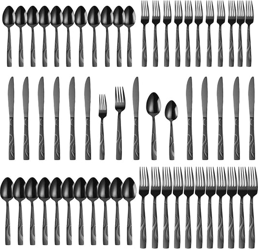 60 Pieces Black Silverware Set, Heavy Duty 430 Stainless Steel Flatware Utensils, Cutlery Set Service for 12 Including Fork Spoon and Knife, Dishwasher Safe