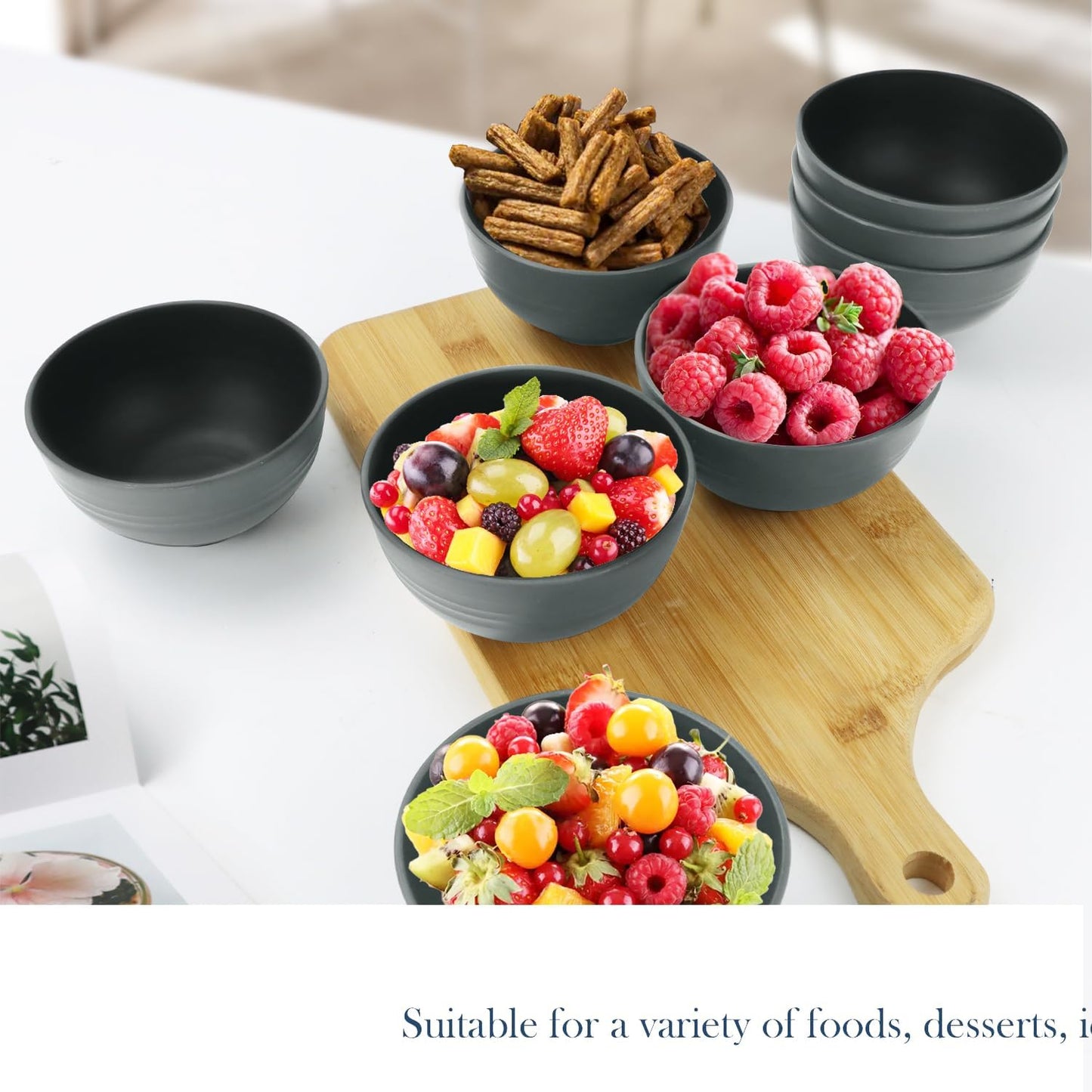 Homienly Wheat Straw Small Bowls, Dessert Bowls for Kitchen, Camping, Party, Unbreakable Mini Bowl Set of 8, 10 OZ Microwave and Dishwasher Safe Appetizer Bowl,Yogurt Bowls Set (Dark Grey)