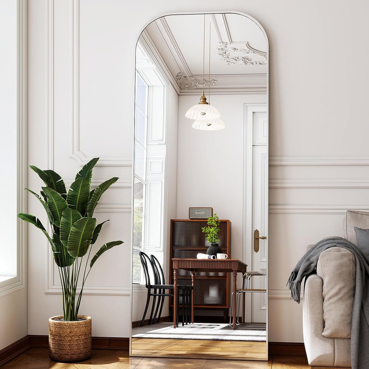 56x21 Inch Full Length Mirror - Large Floor Standing & Wall Mountable Full Body Mirror with Sturdy Aluminum Frame, Arched Top Design, Freestanding or Hanging for Bedroom, Living Room, Cloakroom,Silver