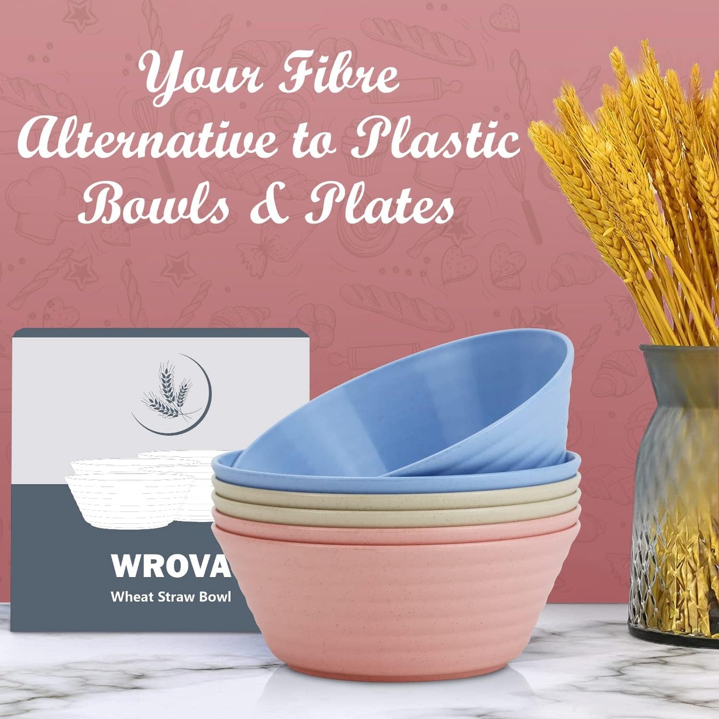 Wrova Wheat Straw Bowl Sets,6 PCS Unbreakable Cereal Bowl 36 OZ,Microwave and Dishwasher Safe Bowls,Alternative Plastic Bowls Reusable for Fruit,Oatmeal and Salad (Colorful)