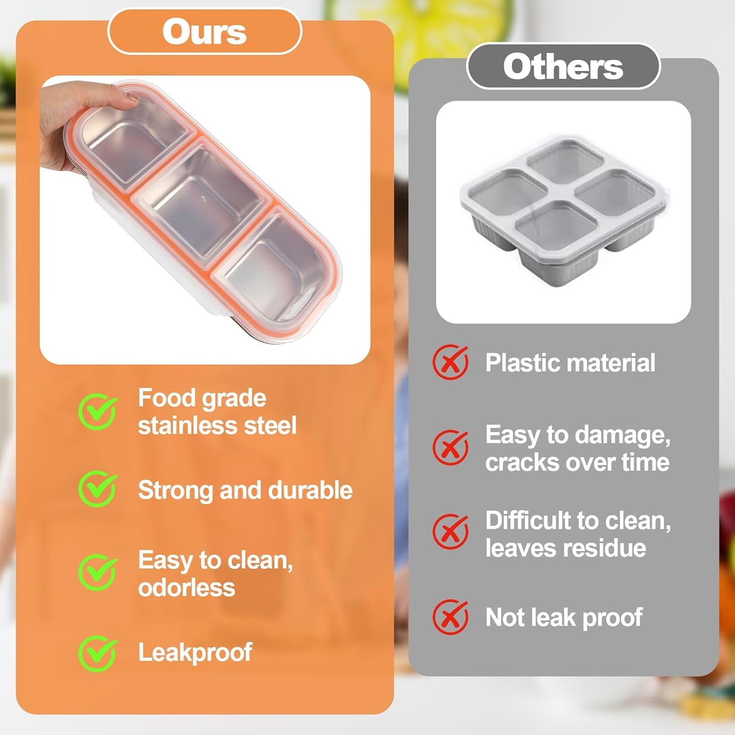 Stainless Steel Snack Containers with Lids, 3 Compartment Leakproof Reusable Snack Box for Nuts, Fruits- Divided Grab & Go Container for School, Office, Travel