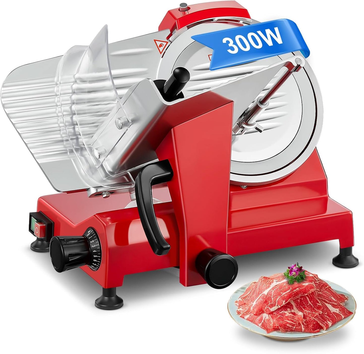 FOHERE 300W Commercial Meat Slicer, Electric Deli Meat Cheese Food Slicer, Frozen Meat Deli Slicer, 10" Premium Chromium-plated Steel Blade Semi-Auto Meat Slicer For Commercial and Home use, Red