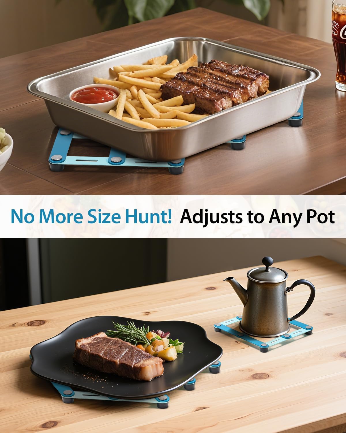 2 Pcs Stainless Steel Trivets for Hot Dishes, Two-Tone Blue Trivet Set, Large Hot Pads for Countertops&Table, Stretchable Design,Multi-Use, Heat Resistant Mat, Kitchen Pad for Pan, Pot, Plate,Teapot