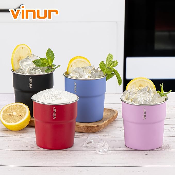 VINUR Kids Stainless Steel Cups-8 oz Stackable Tumbler Metal Drinking Glasses for Travel, Camping, Outdoors, 4 Pack (Royal Blue-Canyon Red-Black-Purple Pink)