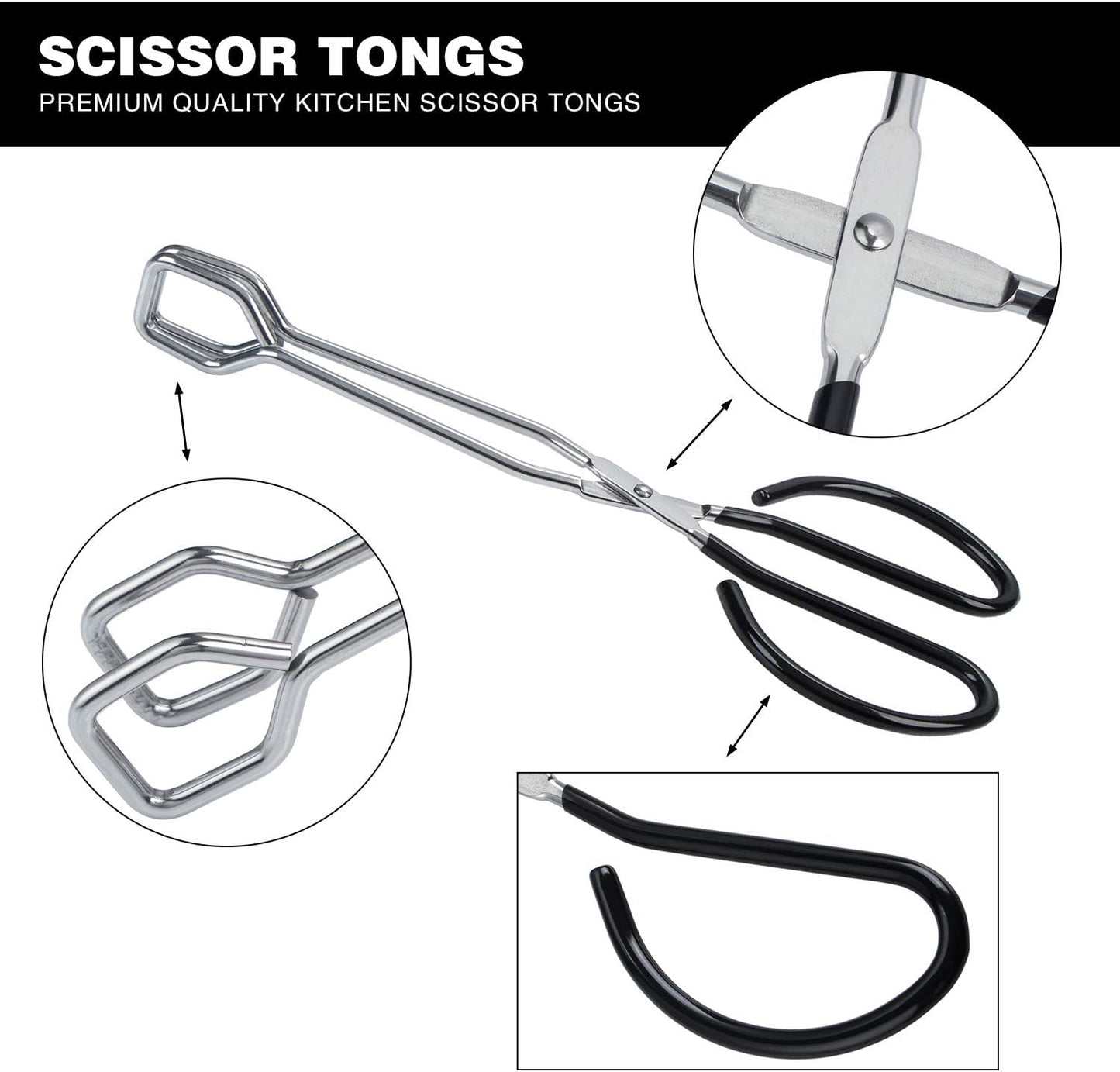 MSY BIGSUNNY Stainless Steel Scissor Tongs Heavy Duty Cooking Tongs with Soft Handles (2, black 10" + 10")