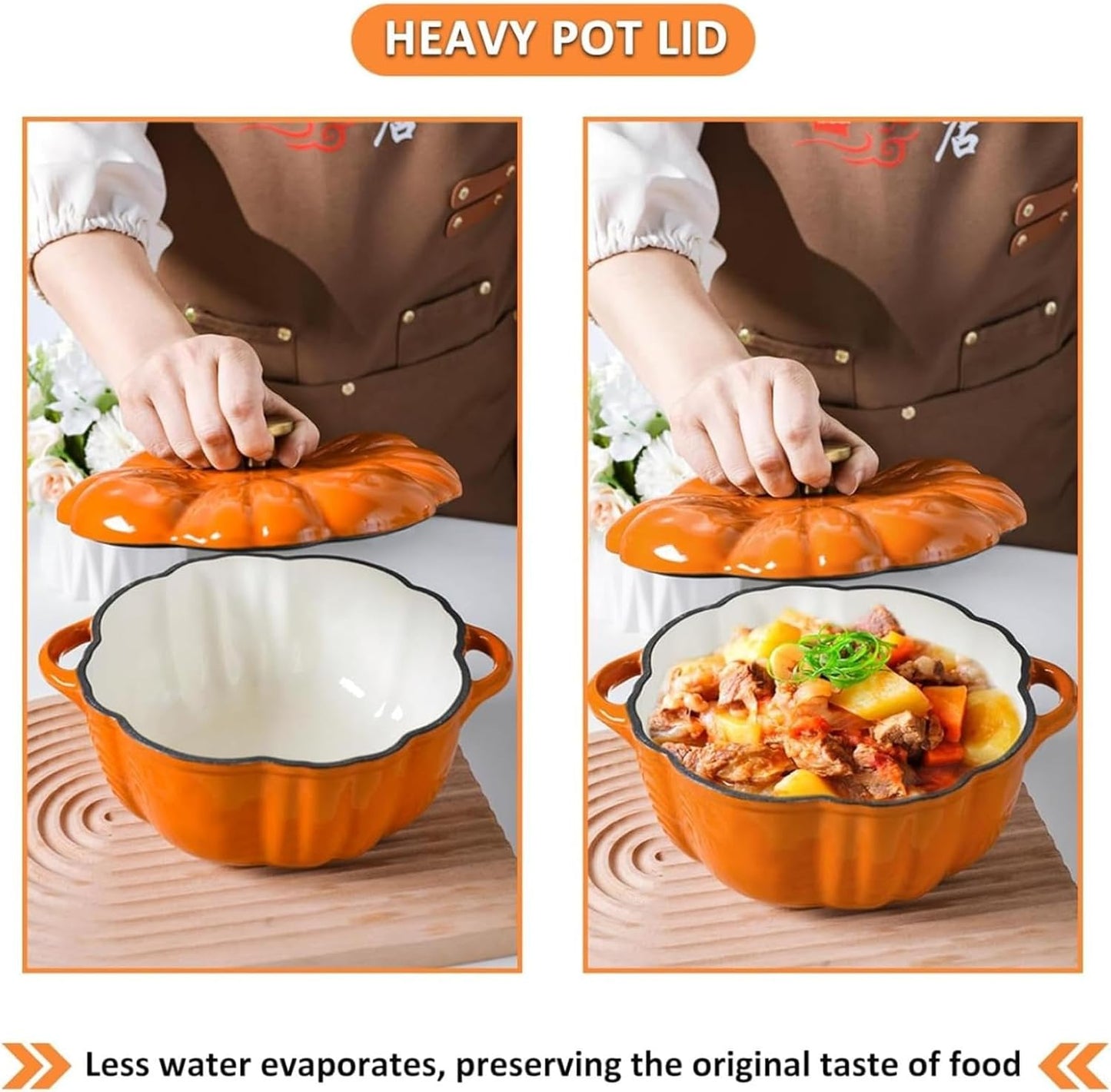 Enameled Cast Iron Pumpkin Dutch Ovens, Pumpkin Dutch Oven with Lid Covered Stockpot, 4-Quart Enameled Cast Iron Pot, Holds 2-3 Servings, Non-Stick, for All Stovetops (Orange Set A, S 6.2in)