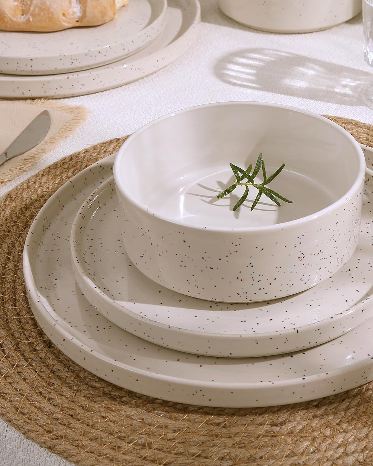 Famiware Nebula Plates and Bowls Sets, 18 Pieces Dinnerware Sets, Dishes Set for 6, Creamy White with Colorful Speckles