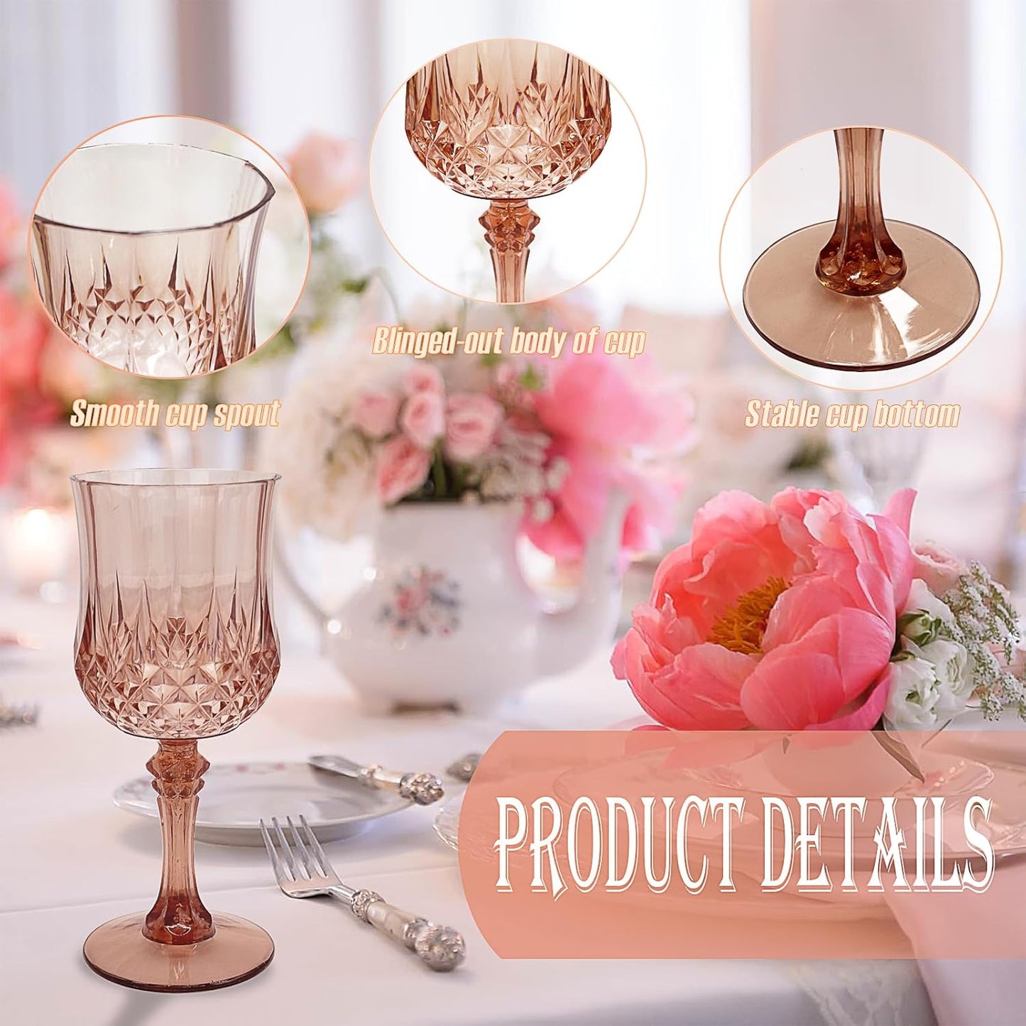12 PCS Rose Gold Plastic Wine Glasses，Cordial Glasses，Goblets，Can be Used for Weddings, Everyday Fun Parties and More!