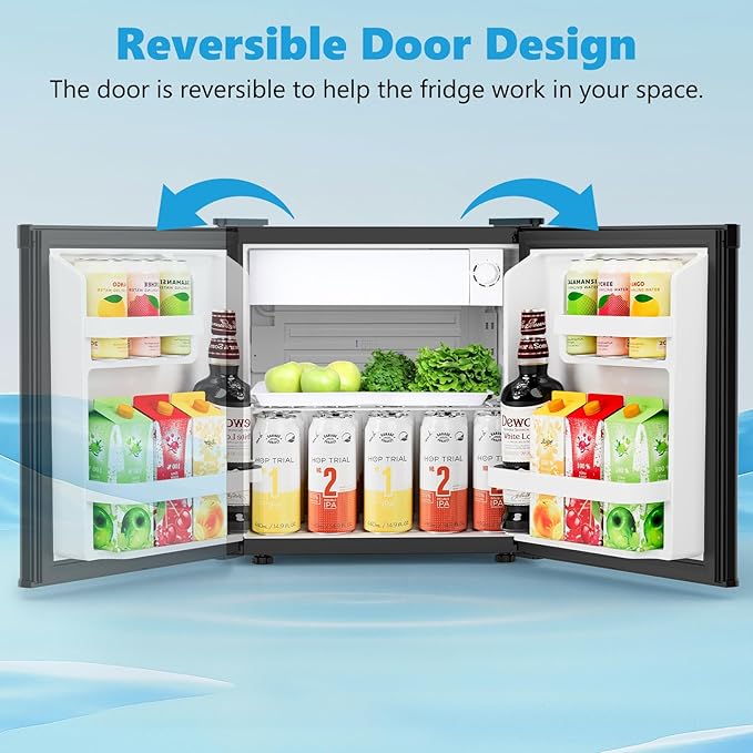 1.6 Cu.ft Mini Fridge with Freezer, Compact Single Reversible Door Refrigerator, Adjustable Thermostat, Ultra Quiet, Energy Efficient for Office, Dorm, Bedroom, Apartment -Black