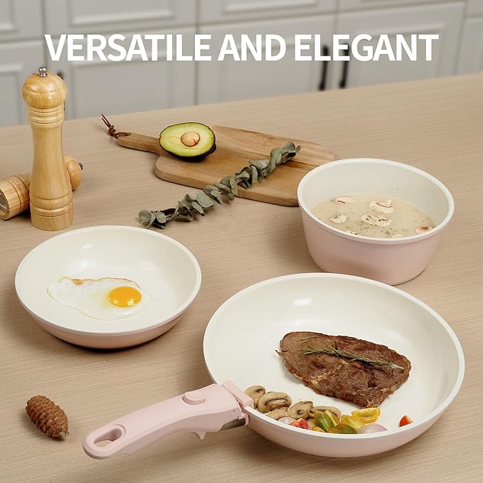 8PCS Ceramic Cookware,Nonstick Ceramic Pan, Removable Handle Pots and Pans Set, Stackable Pan Set, Nonstick Pots and Pans Set Non Stick pot(Pink)