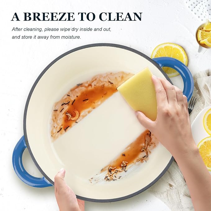 Overmont Enameled Cast Iron Dutch Oven - 4.5QT Pot with Lid Cookbook & Cotton Potholders - Heavy-Duty Cookware for Braising, Stews, Roasting, Bread Baking blue