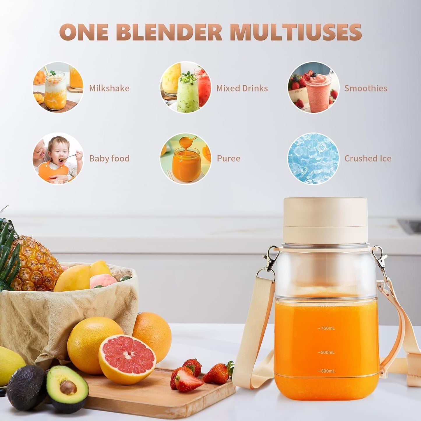 Portable Blender,FOUSIUTIM Personal Blenders for Shakes and Smoothies with34oz Cup, Lid and Shoulder Strap, Type-C USB Rechargeable, Personal Size Blenders BPA-free for Home，Gym/Travel