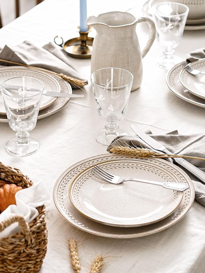 LE TAUCI Dinnerware Sets for 4, 12 Piece Ceramic Dish Set with Plates and Bowls | Oven/Dishwasher/Microwave Safe | Ideal for Housewarming | Reactive Beige (10" Plate+8" Dish+27oz Bowl)