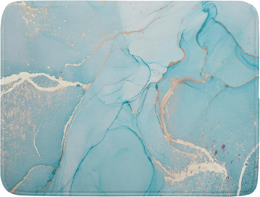 Teal Blue Marble Dish Drying Mat for Kitchen Counter Decor 18x24 Inch Absorbent Reversible Microfiber Turquoise Gold Dish Drying Pad Green Dish Drainer Rack Mats for Coffee Bar