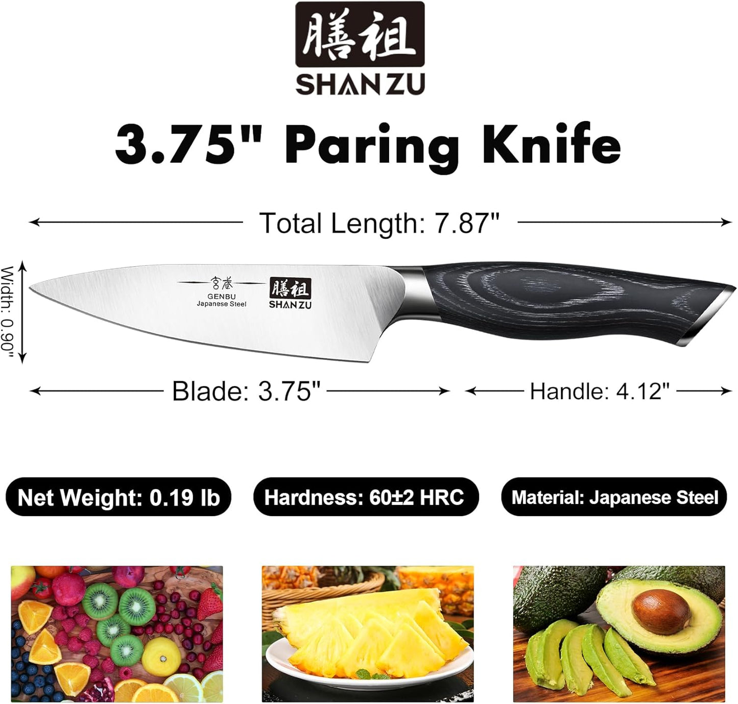 SHAN ZU 3.75 Inch Paring Knife, Japanese Super Steel Professional Fruit Knife, Ultra Sharp Carving Knife with K133 Ergonomic Handle, Black Tortoise Genbu Series