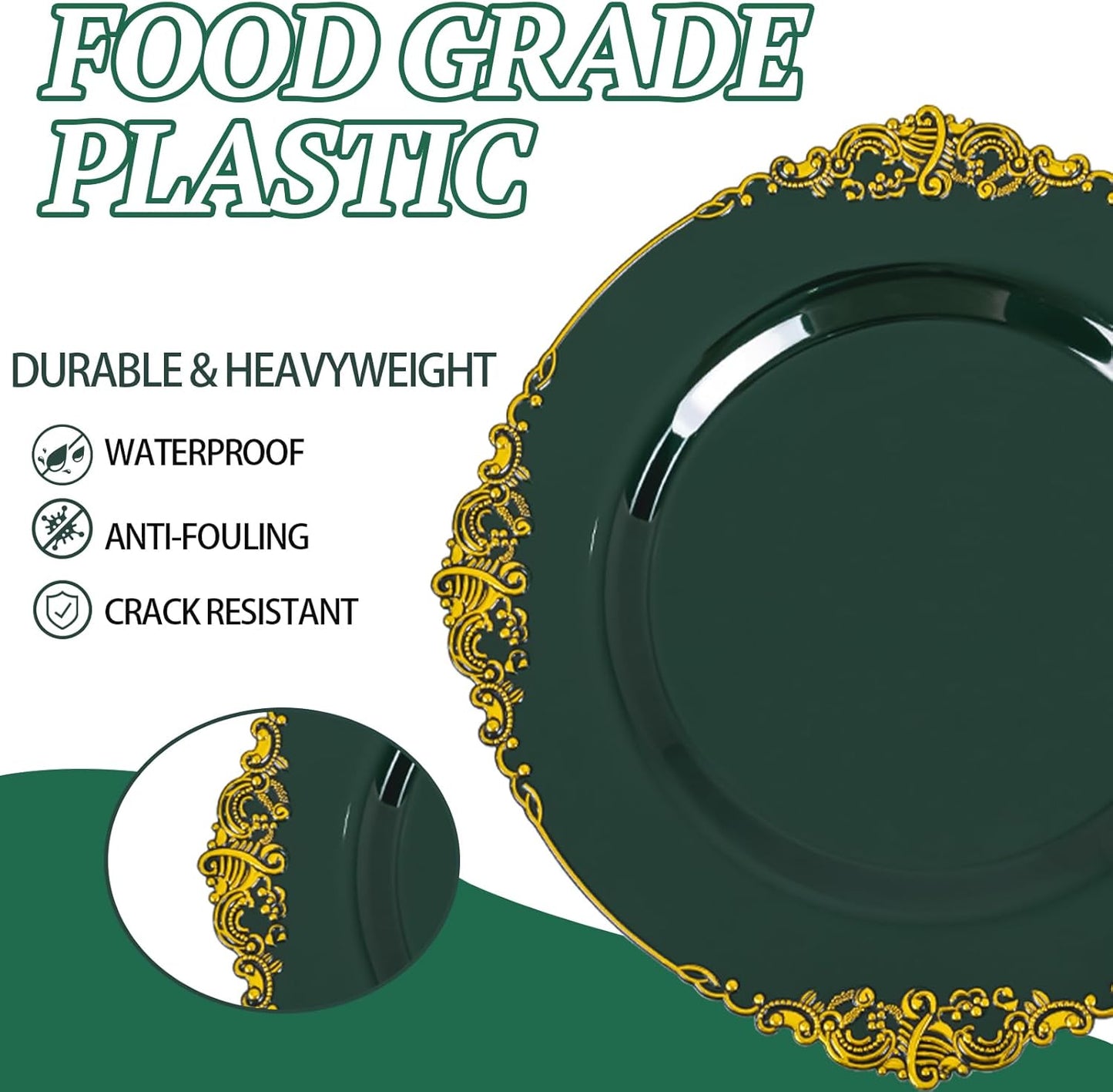 102PCS Green and Gold Plates - Green Plastic Plate - Fancy Heavy Duty Disposable Plates - Heavyweight Disposable Dinner & Dessert Plate for 51 Guests for Party & Christmas