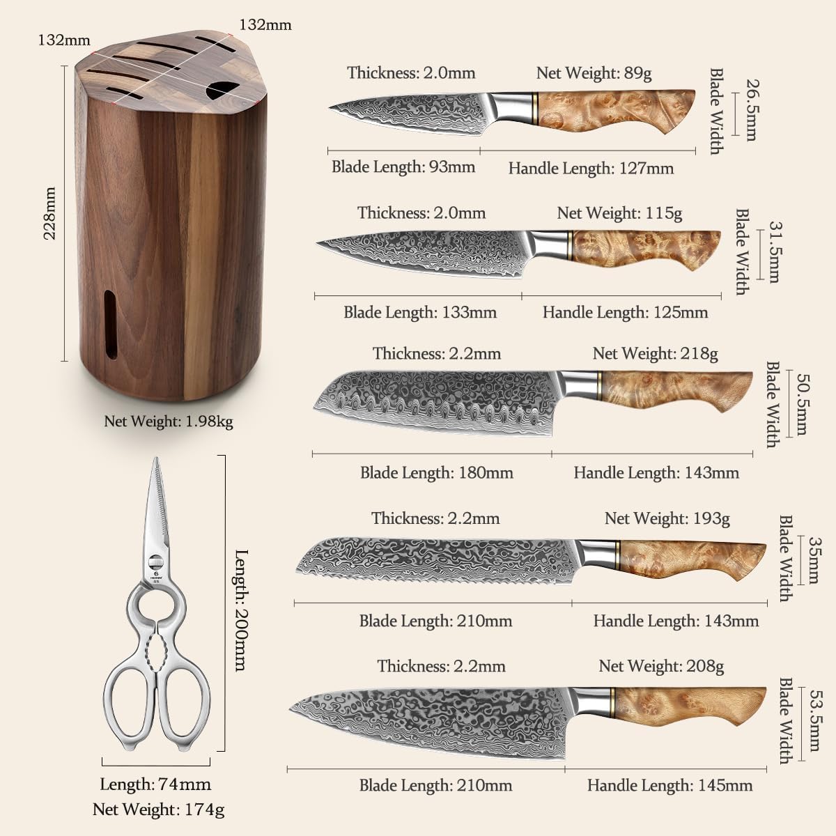 HEZHEN 7PCS Kitchen Knives Set - Professional Forging Damascus High Carbon Steel Chef Knife, Santoku, Bread, Utility, Fruit Knives & Multifunctional Kitchen Scissors - 6Slot Black Walnut Block