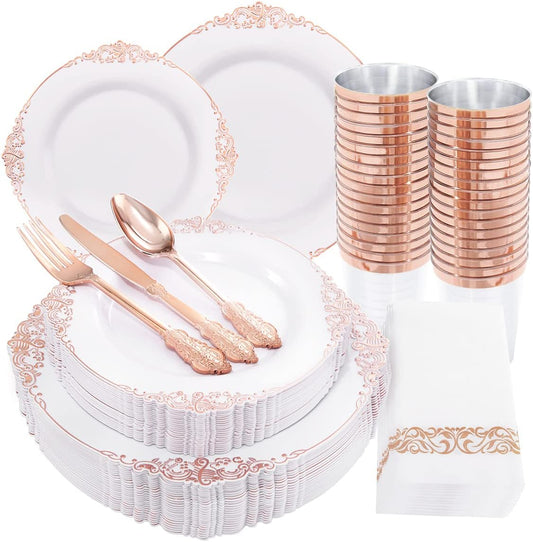 Morejoy 175PCS Rose Gold & Silver Plastic Dinnerware Set: 25 Plates, 25 Forks, 25 Knives, 25 Spoons, 25 Cups, 25 Napkins - Perfect for Wedding & Party