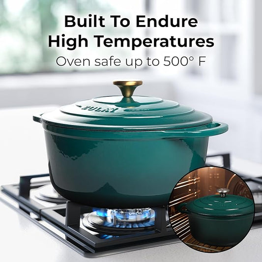 Zulay Kitchen 5 Quart Enameled Cast Iron Dutch Oven Pot with Lid – Premium Durability & Oven Safe up to 500°F – Heavy Duty Cookware Perfect for Bread Baking, Stews, Braising & Roasting – Emerald
