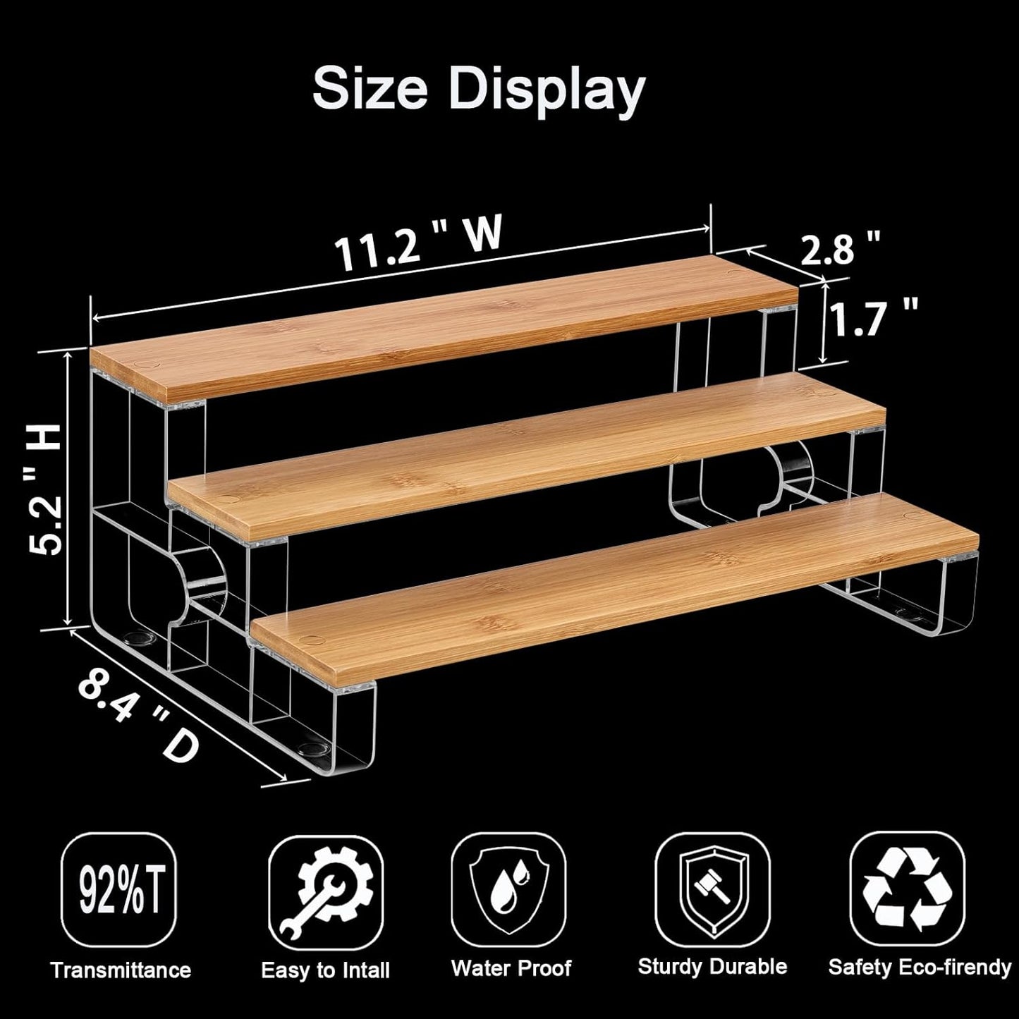 junyuan Spice Rack Organizer for Cabinet,3 Tier Spice Organization for Kitchen,Bathroom Organizers and Storage,Seasoning Countertop Shelf,Bamboo Display Shelves Racks,Clear 11.2"